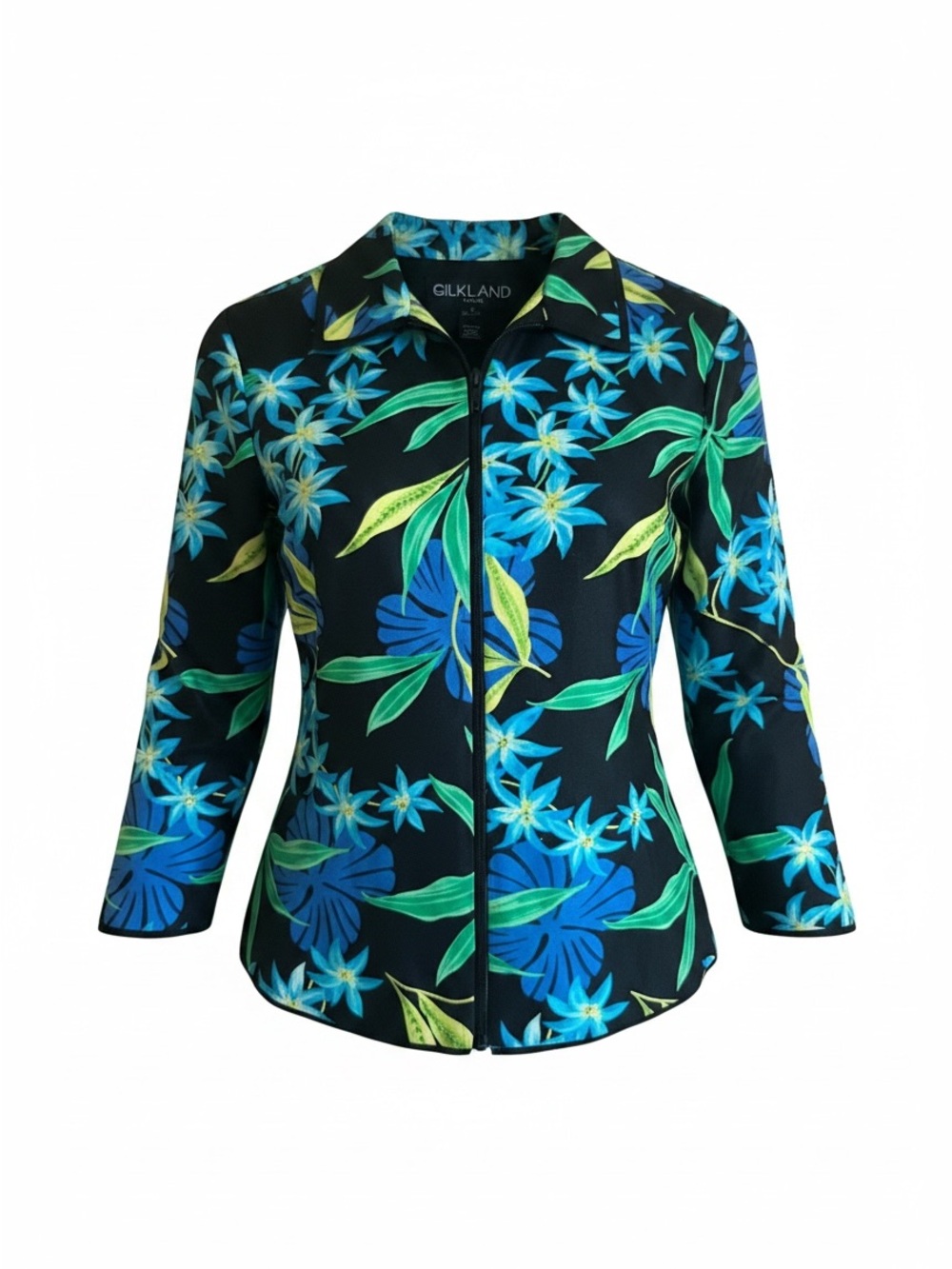 SilkLand Black Jacket with Blue & Green Floral Print 100% Silk